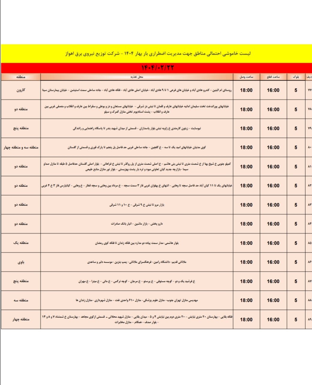 جدول خاموشی برق اهواز دوشنبه ۲۲ اردیبهشت