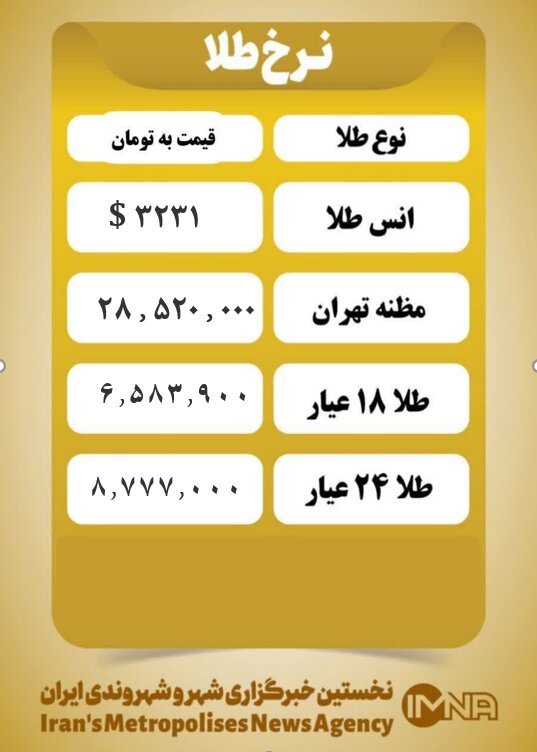 قیمت طلا امروز دوشنبه ۲۲ اردیبهشت ۱۴۰۴