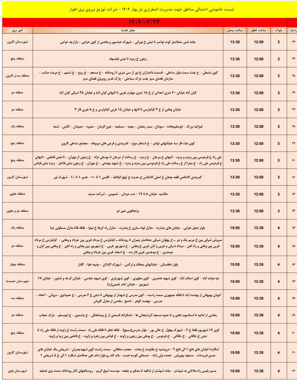 جدول خاموشی برق اهواز سه شنبه ۲۳ اردیبهشت