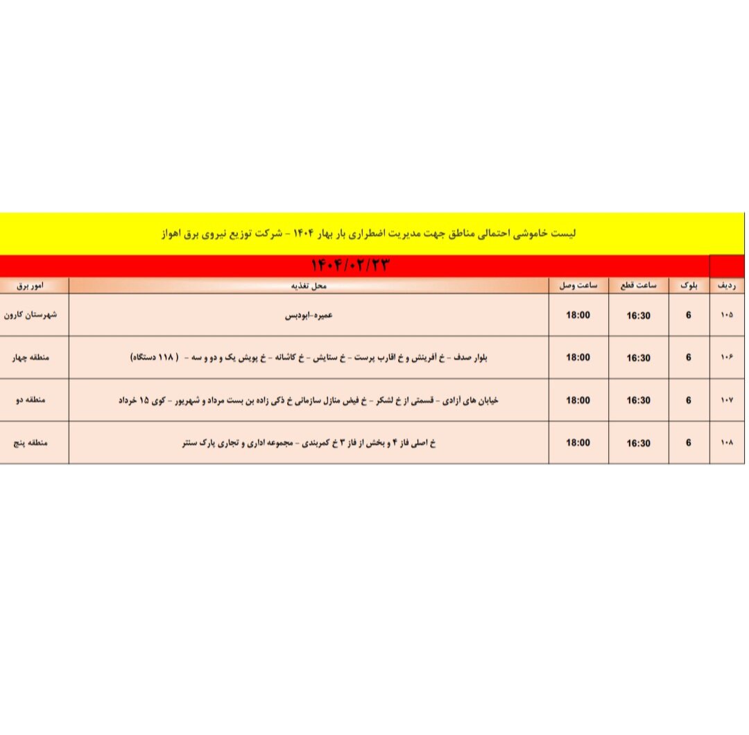 جدول خاموشی برق اهواز سه شنبه ۲۳ اردیبهشت