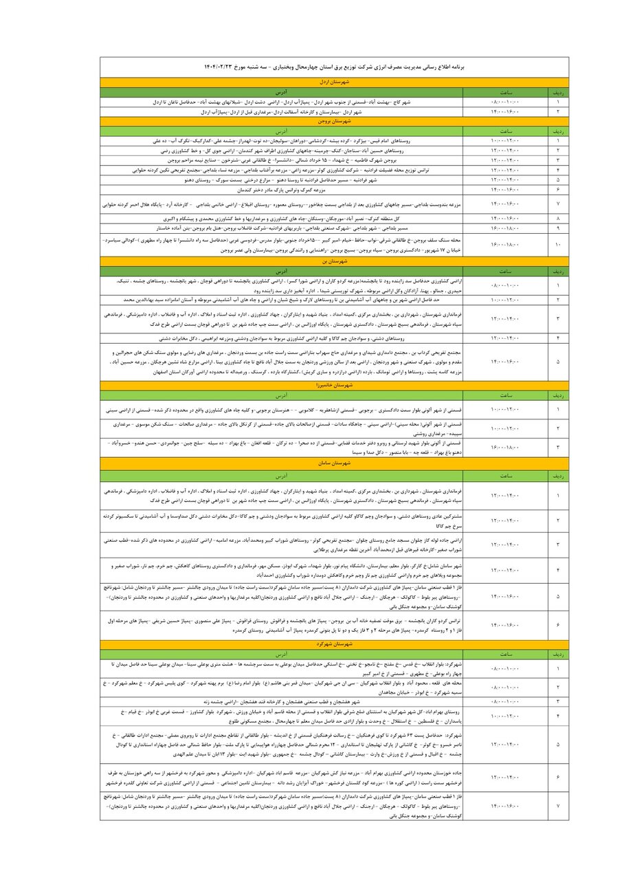 برنامه قطعی برق چهارمحال‌ و بختیاری‌ سه‌شنبه ۲۳ اردیبهشت + جدول