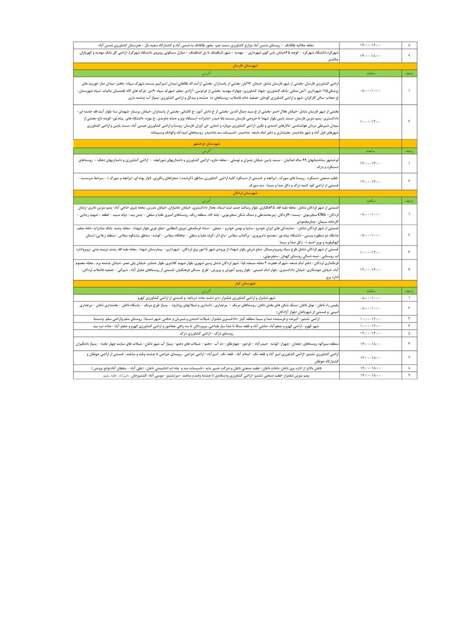 برنامه قطعی برق چهارمحال و بختیاری سهشنبه ۲۳ اردیبهشت + جدول