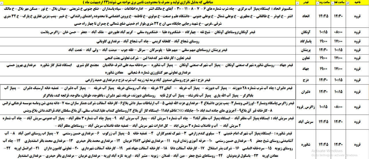 برنامه قطعی برق کردستان روز سهشنبه ۲۳ اردیبهشت + جدول