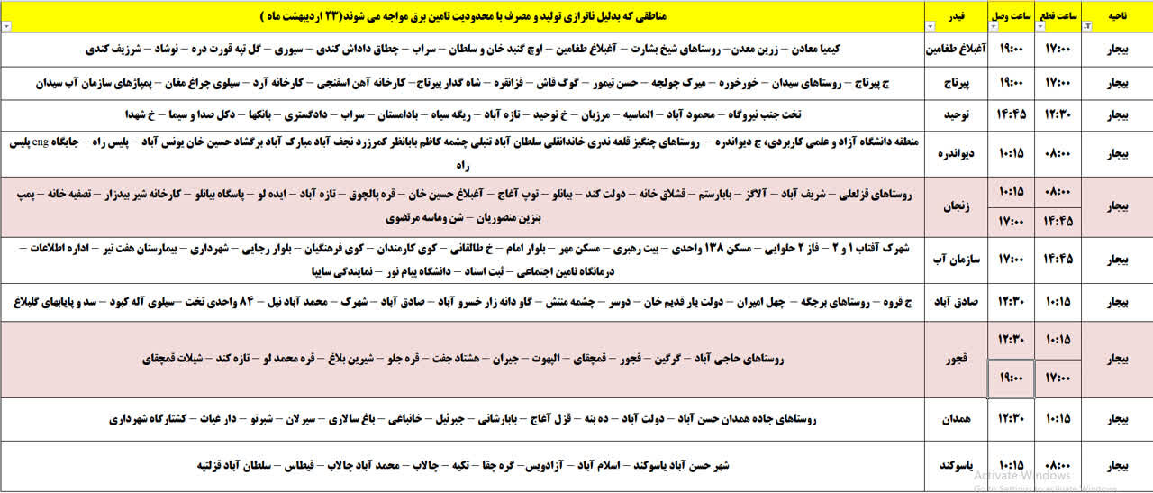 برنامه قطعی برق کردستان روز سهشنبه ۲۳ اردیبهشت + جدول