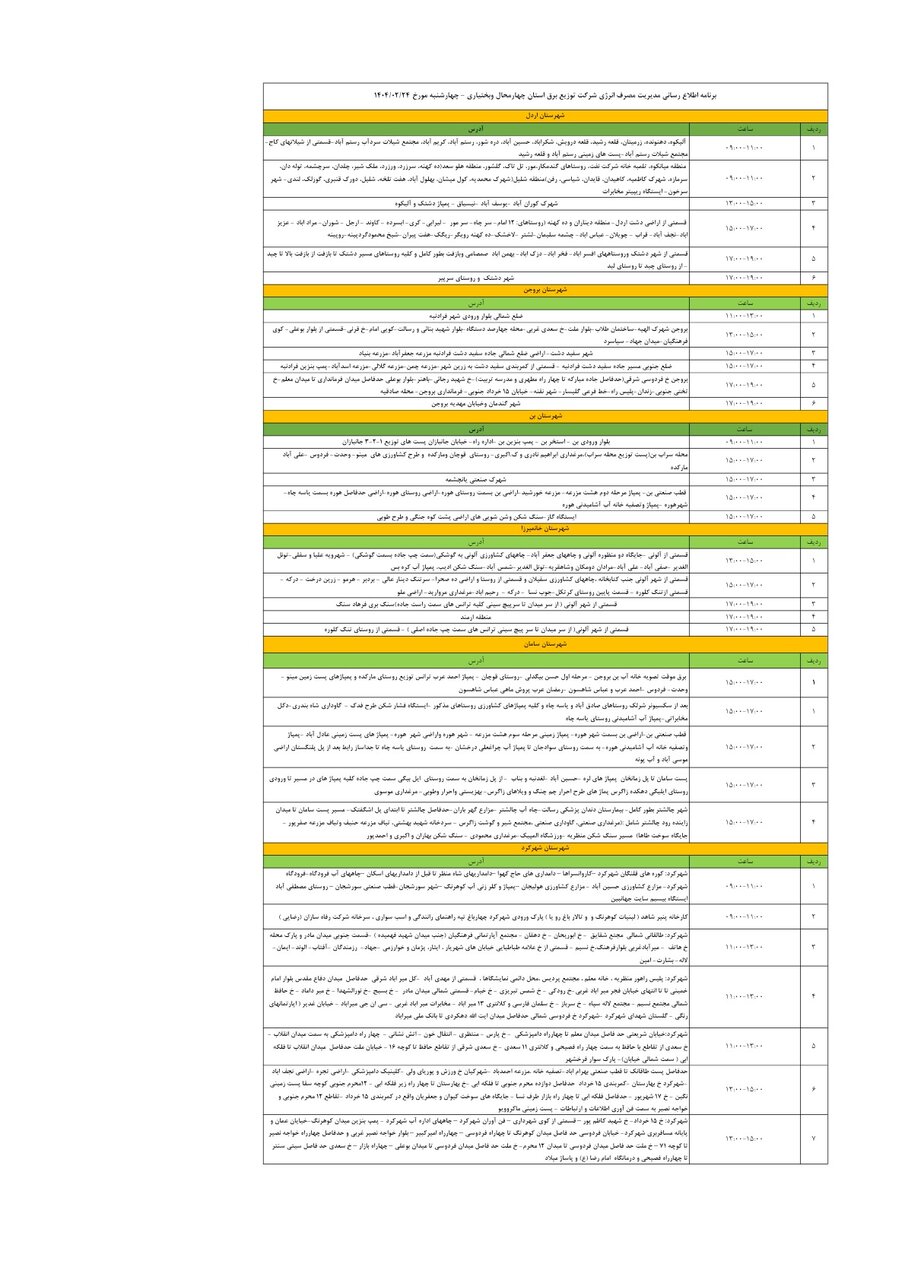 برنامه قطعی برق چهارمحال و بختیاری چهارشنبه ۲۴ اردیبهشت + جدول