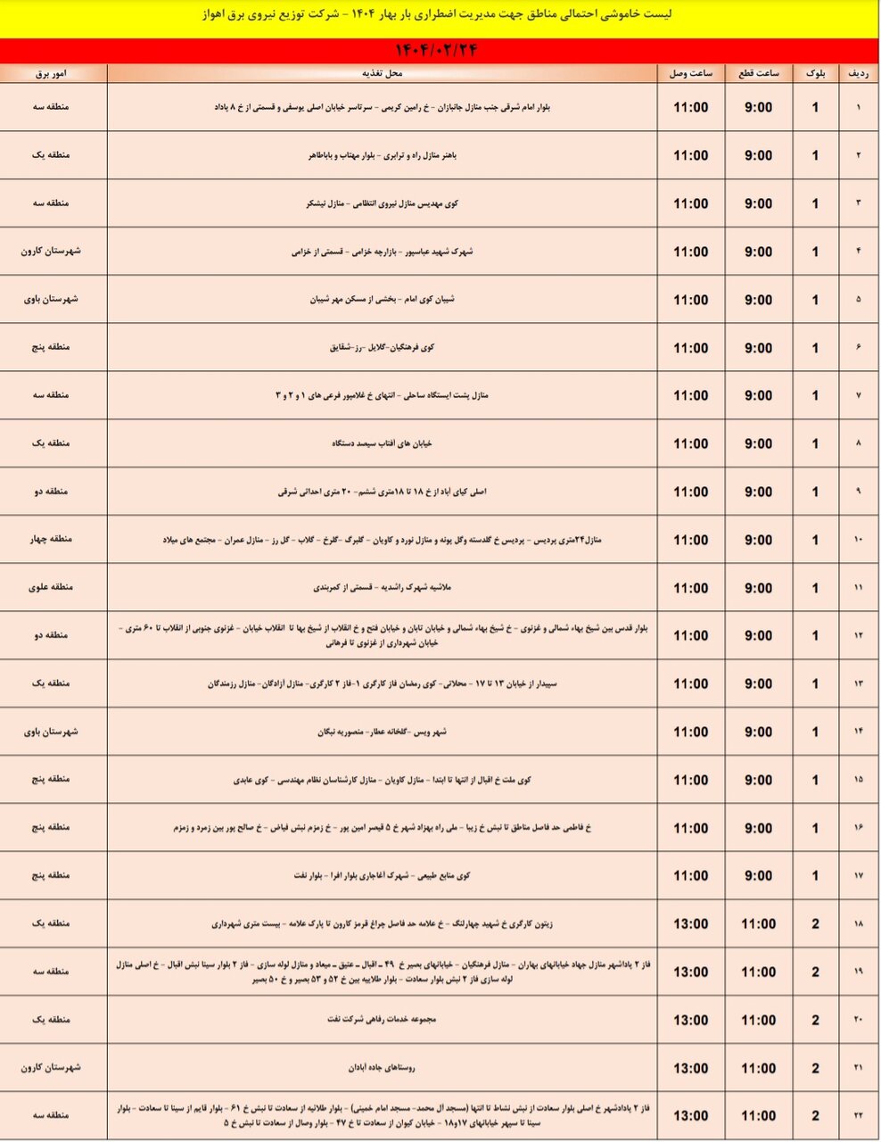 جدول خاموشی برق اهواز چهارشنبه ۲۴ اردیبهشت