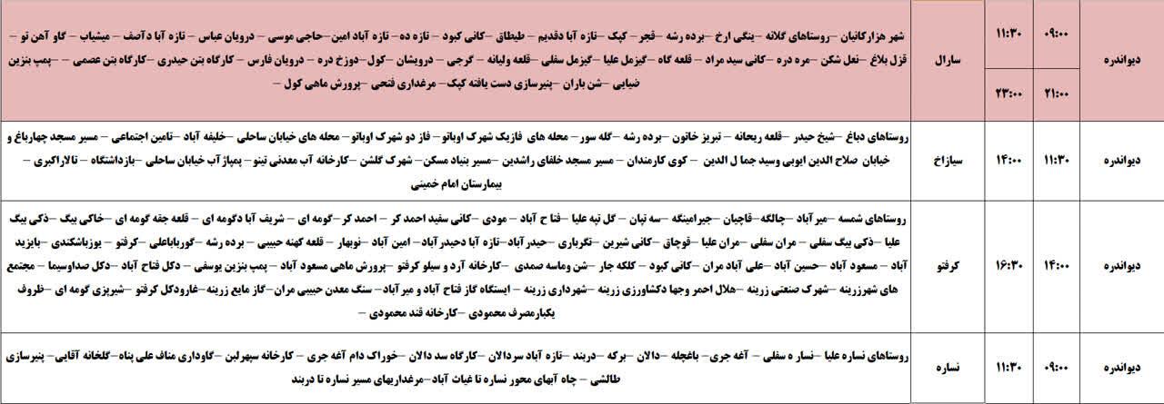 برنامه قطعی برق کردستان روز چهارشنبه ۲۴ اردیبهشت + جدول