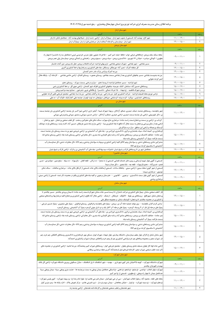 برنامه قطعی برق چهارمحال‌ و بختیاری‌ پنجشنبه ۲۵ اردیبهشت + جدول