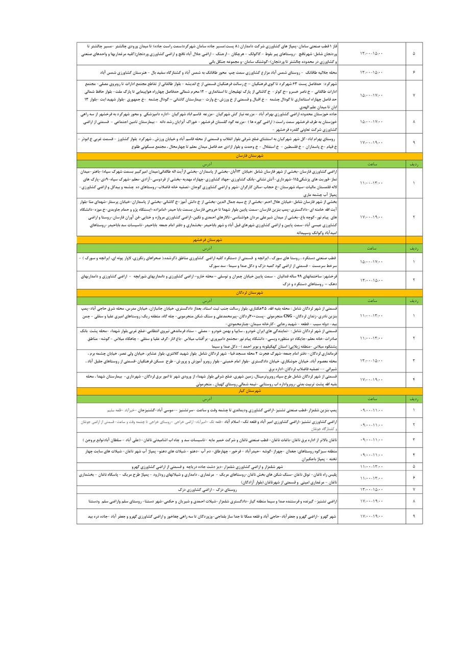 برنامه قطعی برق چهارمحال و بختیاری پنجشنبه ۲۵ اردیبهشت + جدول