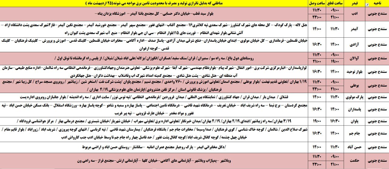 برنامه قطعی برق کردستان روز پنجشنبه ۲۵ اردیبهشت + جدول