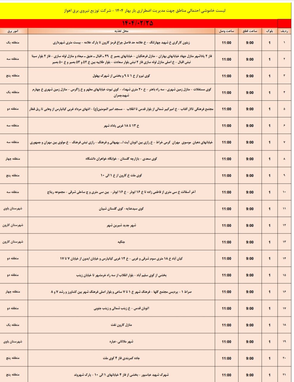 جدول خاموشی برق اهواز پنجشنبه ۲۵ اردیبهشت