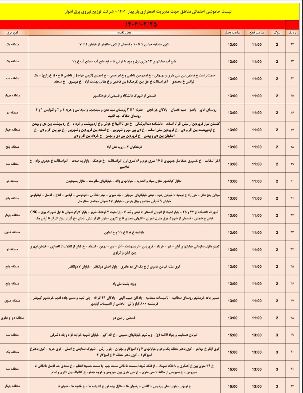جدول خاموشی برق اهواز پنجشنبه ۲۵ اردیبهشت