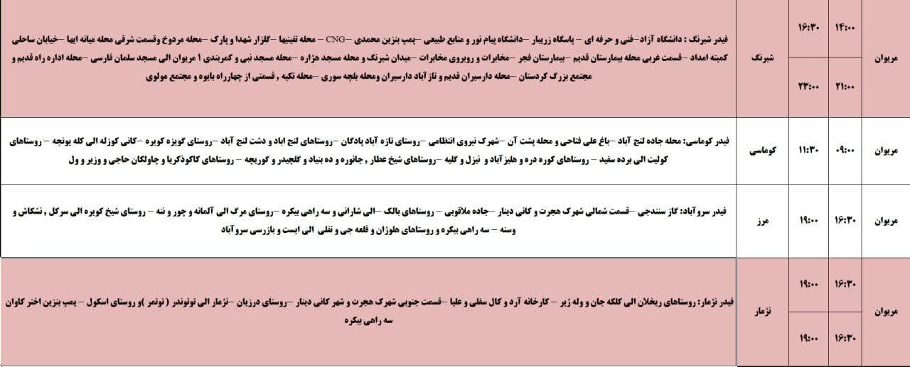 برنامه قطعی برق کردستان روز جمعه ۲۶ اردیبهشت + جدول