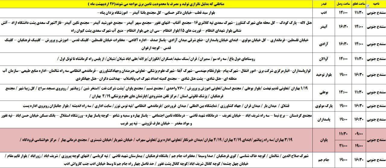 برنامه قطعی برق کردستان روز جمعه ۲۶ اردیبهشت + جدول