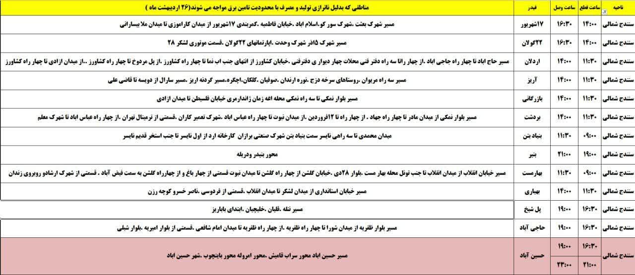 برنامه قطعی برق کردستان روز جمعه ۲۶ اردیبهشت + جدول