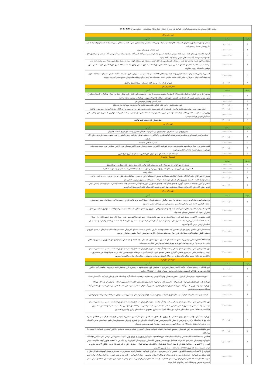 برنامه قطعی برق چهارمحال و بختیاری شنبه ۲۷ اردیبهشت