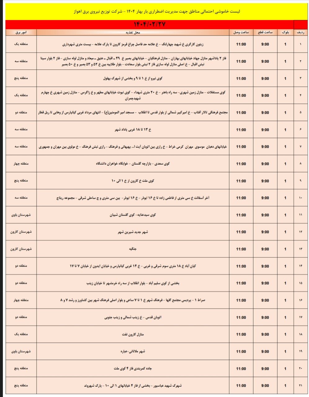 جدول خاموشی برق اهواز شنبه ۲۷ اردیبهشت