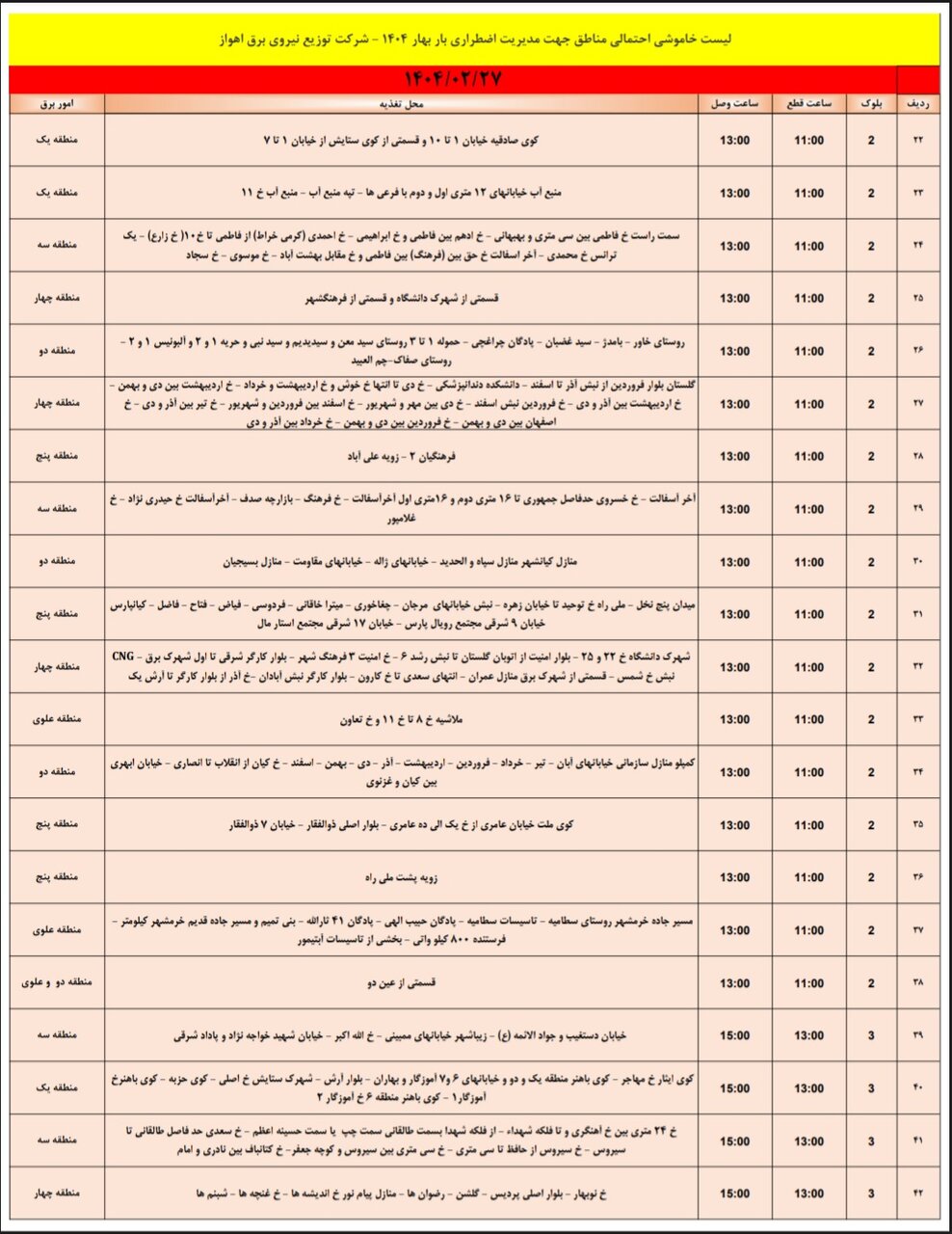 جدول خاموشی برق اهواز شنبه ۲۷ اردیبهشت