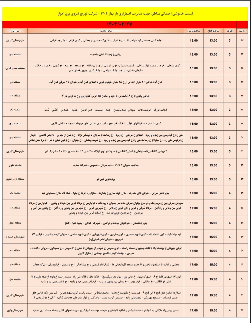 جدول خاموشی برق اهواز شنبه ۲۷ اردیبهشت