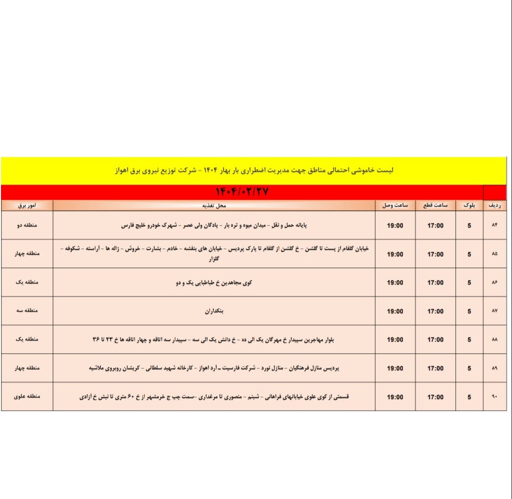 جدول خاموشی برق اهواز شنبه ۲۷ اردیبهشت
