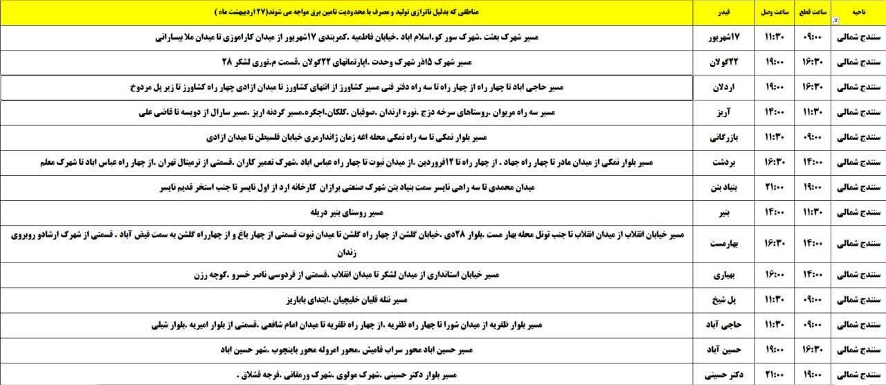 برنامه قطعی برق کردستان روز شنبه ۲۷ اردیبهشت + جدول