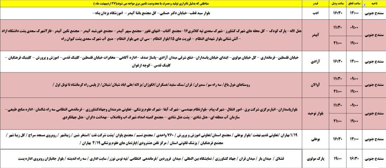 برنامه قطعی برق کردستان روز شنبه ۲۷ اردیبهشت + جدول