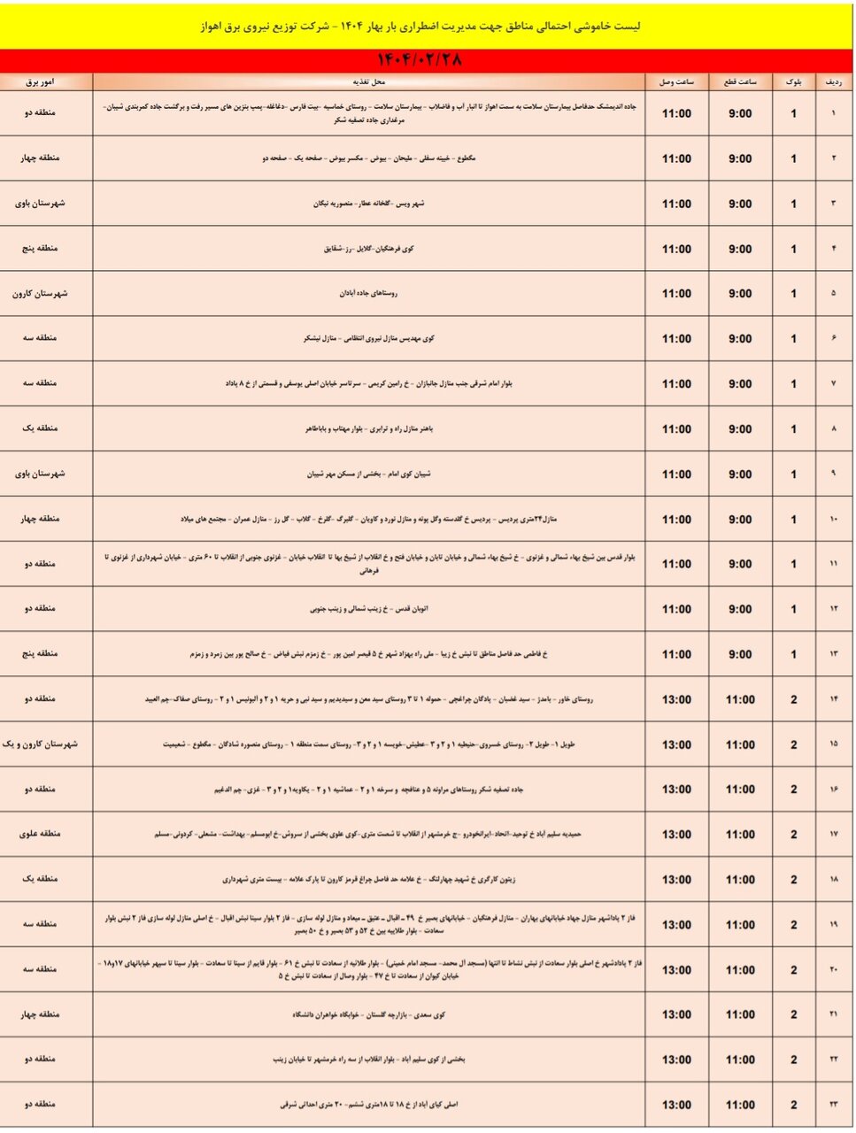 جدول خاموشی برق اهواز یکشنبه ۲۸ اردیبهشت