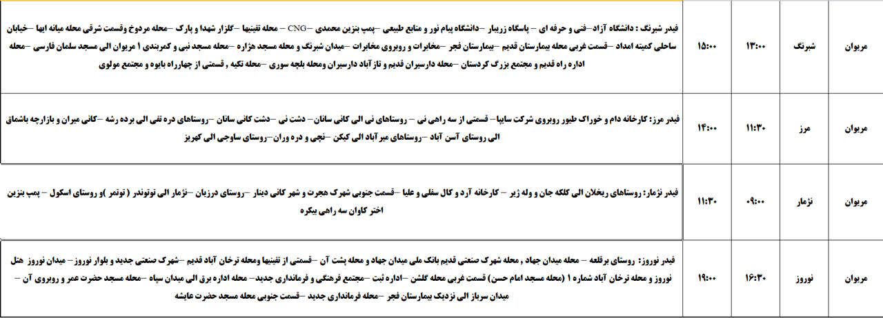 برنامه قطعی برق کردستان روز یکشنبه ۲۸ اردیبهشت + جدول