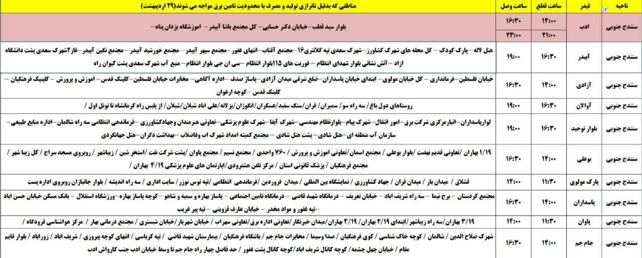 برنامه قطعی برق کردستان روز دوشنبه ۲۹ اردیبهشت + جدول