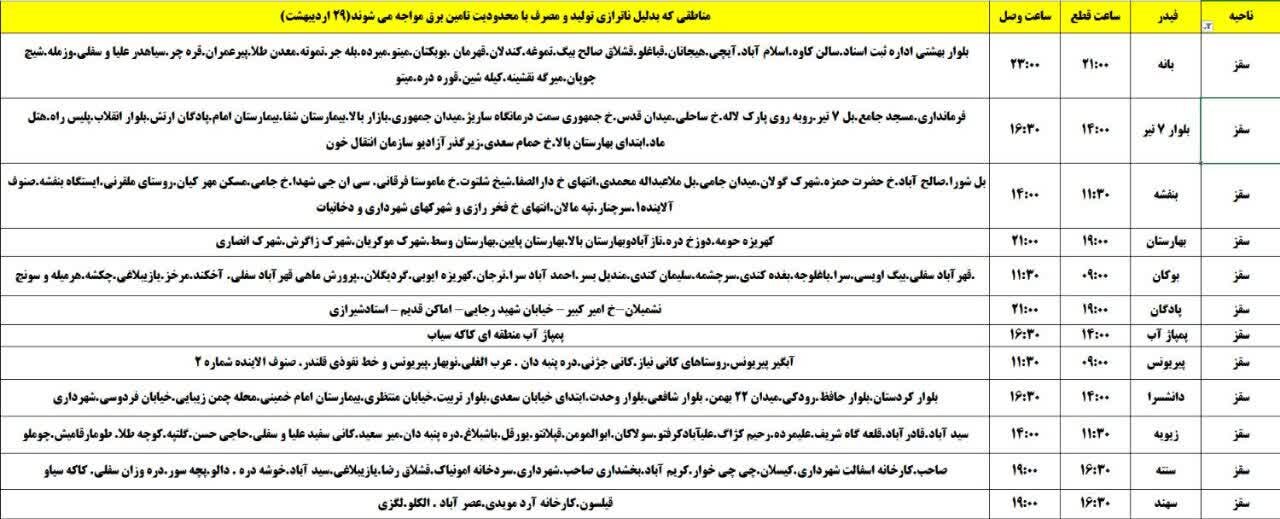 برنامه قطعی برق کردستان روز دوشنبه ۲۹ اردیبهشت + جدول