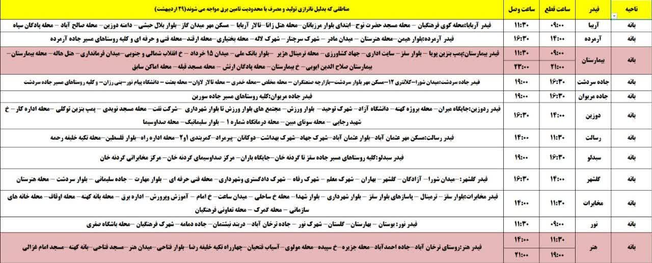 برنامه قطعی برق کردستان روز دوشنبه ۲۹ اردیبهشت + جدول