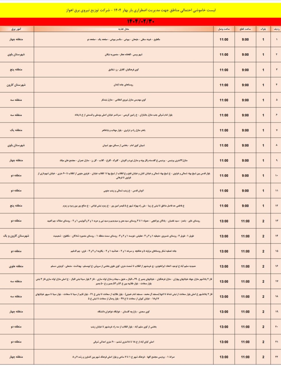 جدول خاموشی برق اهواز امروز سه شنبه ۳۰ اردیبهشت