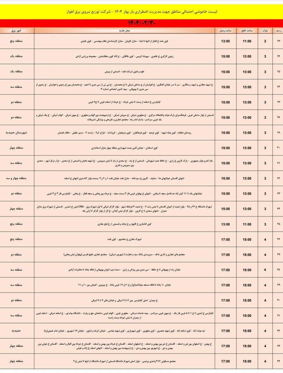 جدول خاموشی برق اهواز امروز سه شنبه ۳۰ اردیبهشت