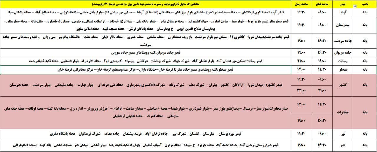 برنامه قطعی برق کردستان روز سهشنبه ۳۰ اردیبهشت + جدول