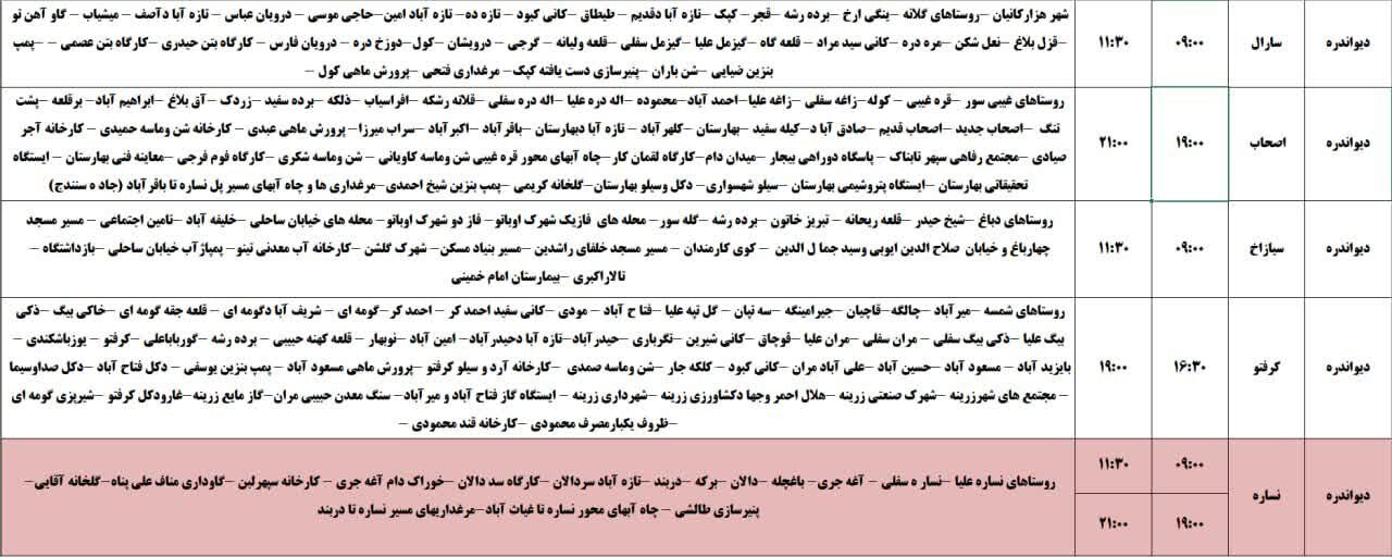 برنامه قطعی برق کردستان روز سه‌شنبه ۳۰ اردیبهشت + جدول