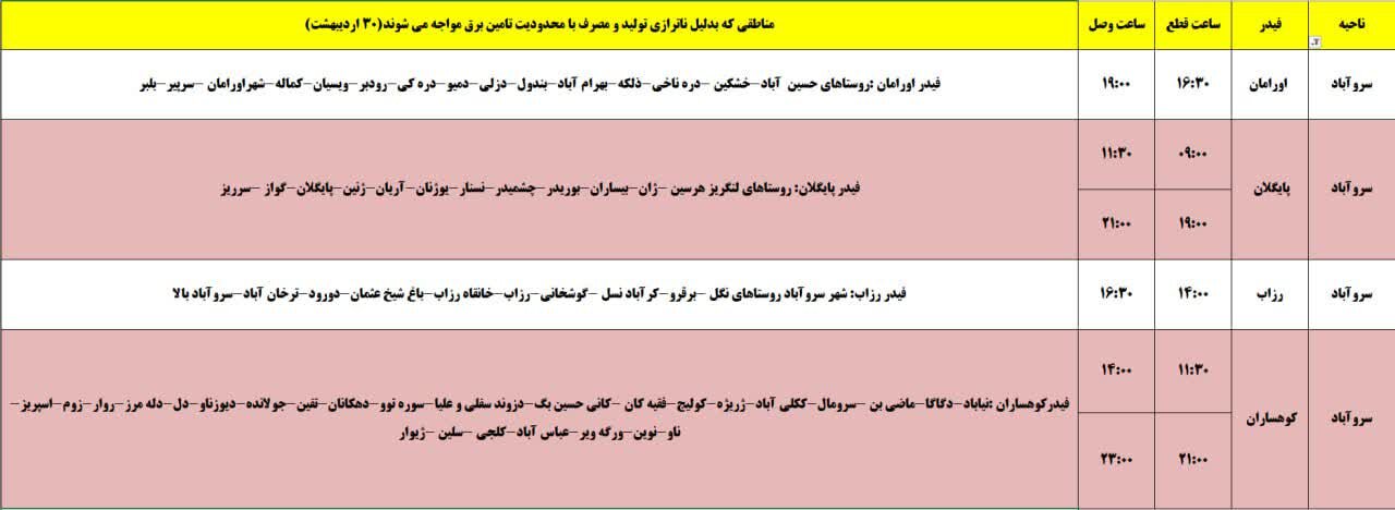 برنامه قطعی برق کردستان روز سهشنبه ۳۰ اردیبهشت + جدول
