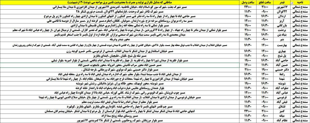 برنامه قطعی برق کردستان روز سهشنبه ۳۰ اردیبهشت + جدول