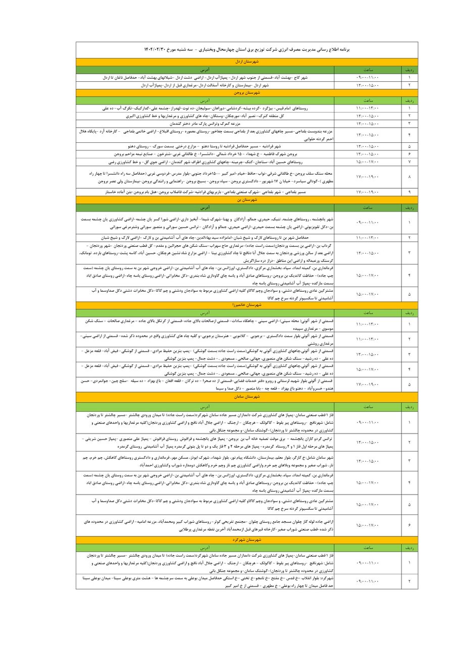 برنامه قطعی برق چهارمحال و بختیاری سهشنبه ۳۰ اردیبهشت + جدول