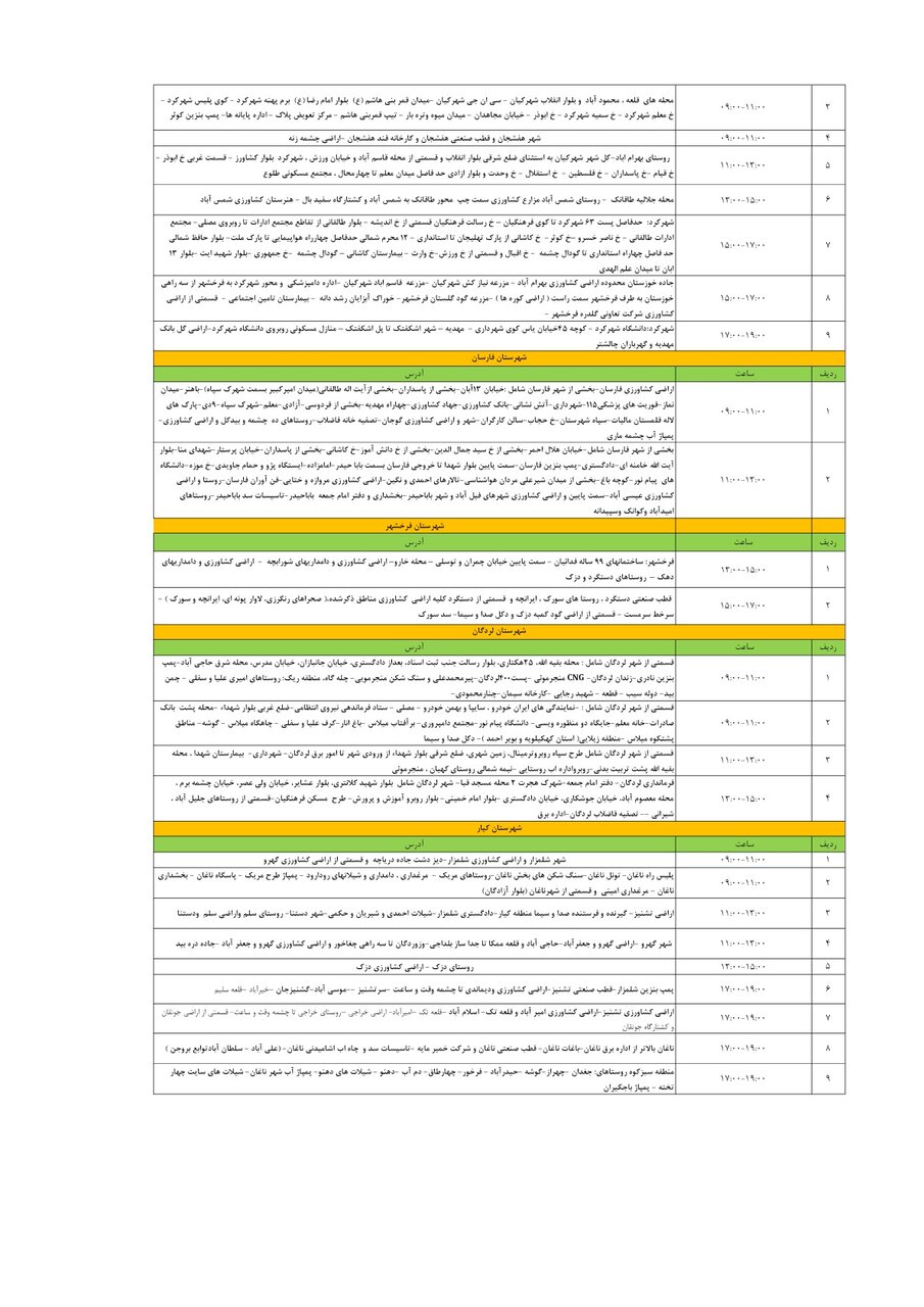برنامه قطعی برق چهارمحال و بختیاری سهشنبه ۳۰ اردیبهشت + جدول