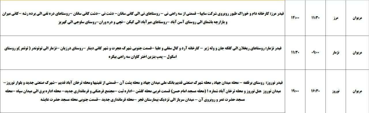 برنامه قطعی برق کردستان روز چهارشنبه ۳۱ اردیبهشت + جدول