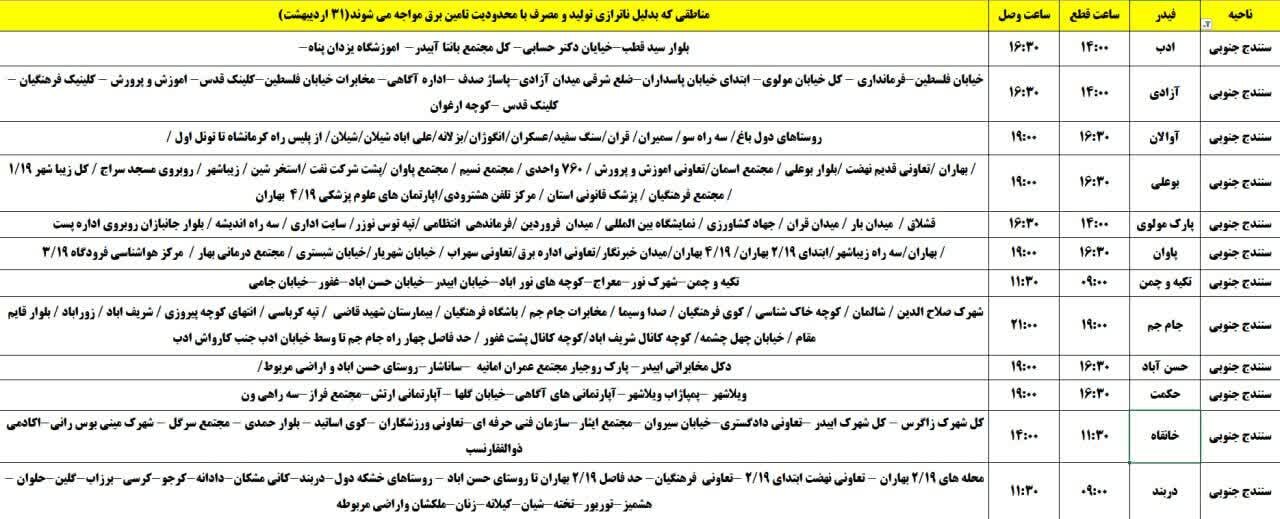 برنامه قطعی برق کردستان روز چهارشنبه ۳۱ اردیبهشت + جدول
