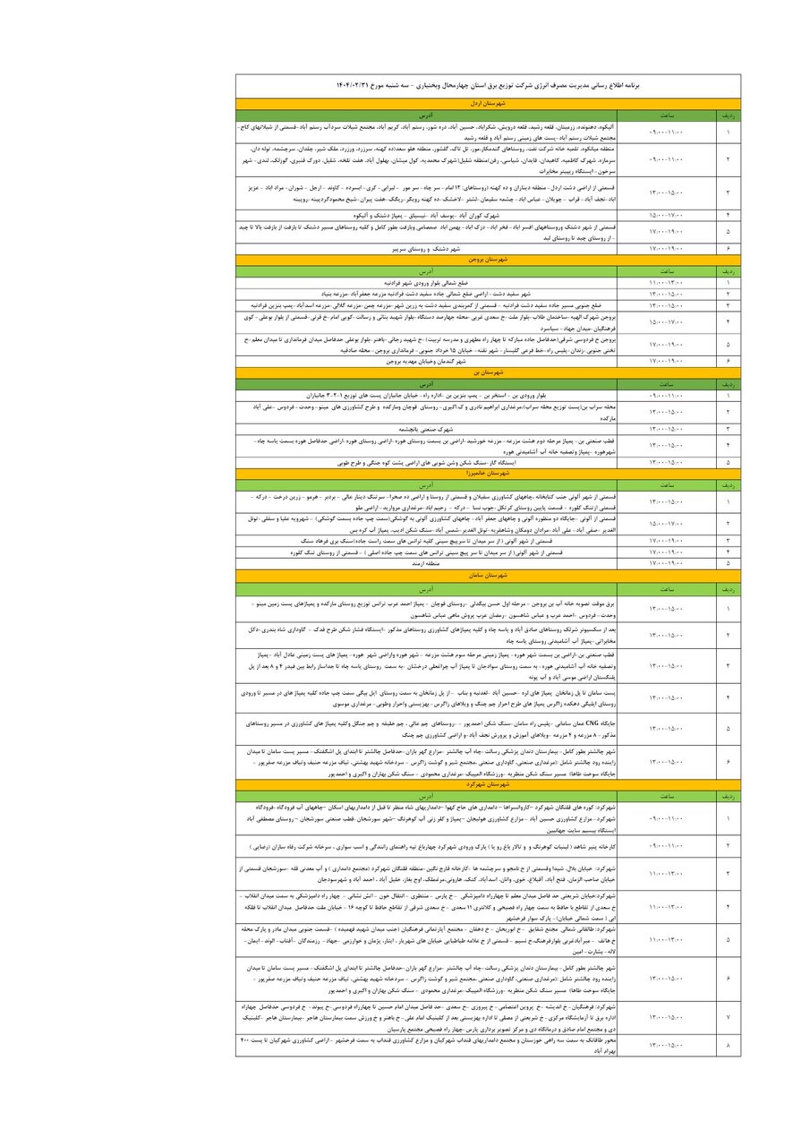 برنامه قطعی برق چهارمحال‌ و بختیاری‌ چهارشنبه ۳۱ اردیبهشت + جدول