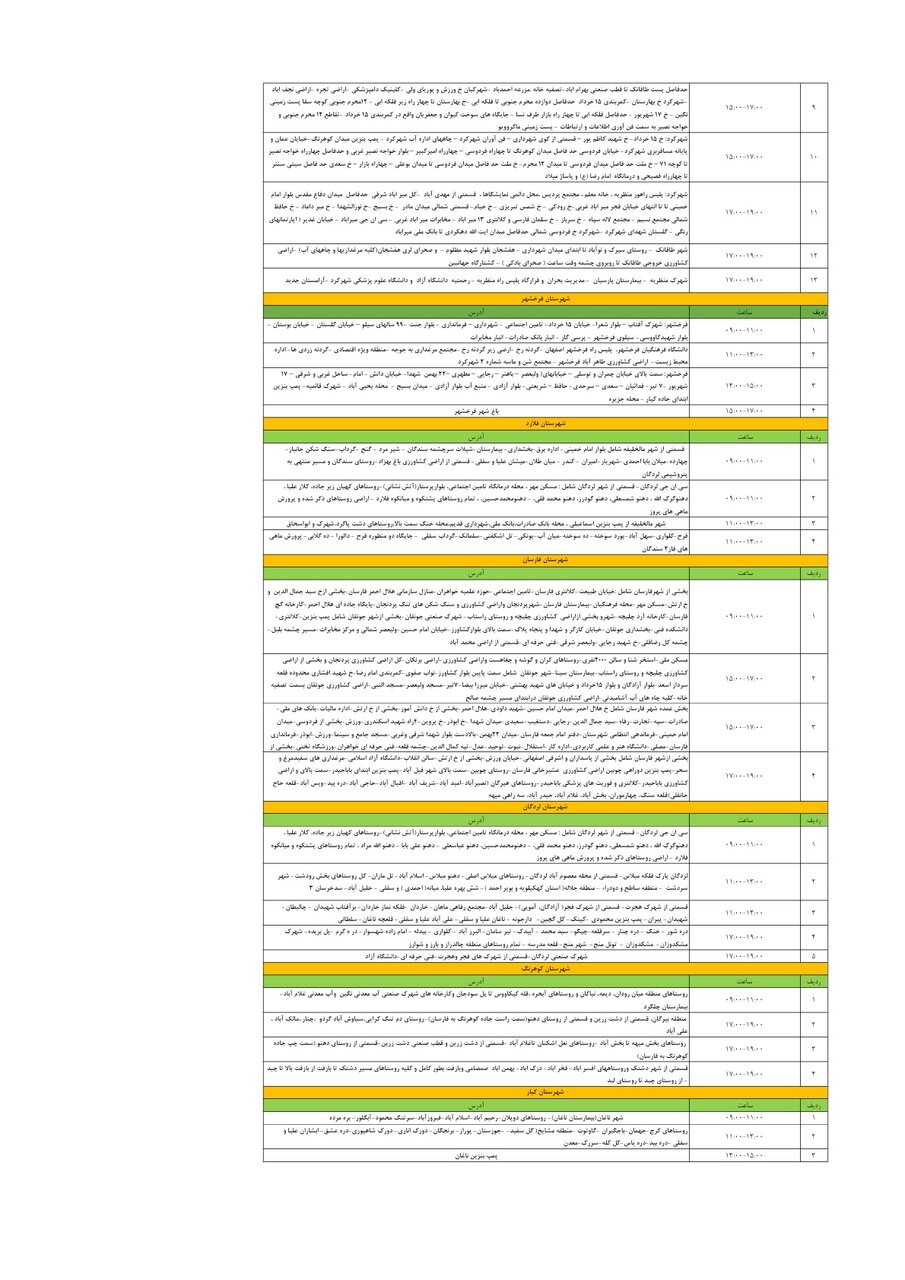 برنامه قطعی برق چهارمحال‌ و بختیاری‌ چهارشنبه ۳۱ اردیبهشت + جدول