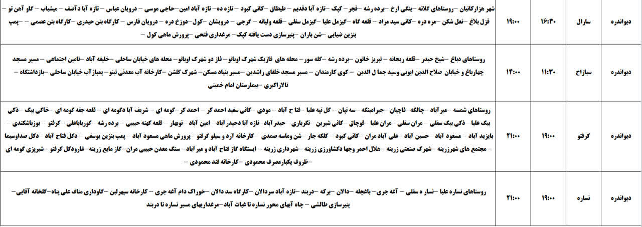 برنامه قطعی برق کردستان روز پنجشنبه، یکم خرداد + جدول