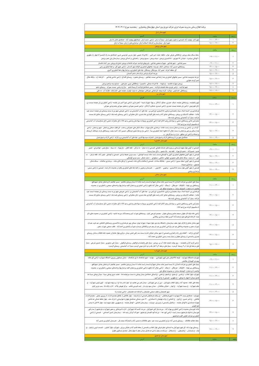 برنامه قطعی برق چهارمحال‌ و بختیاری‌ پنجشنبه یکم خرداد + جدول