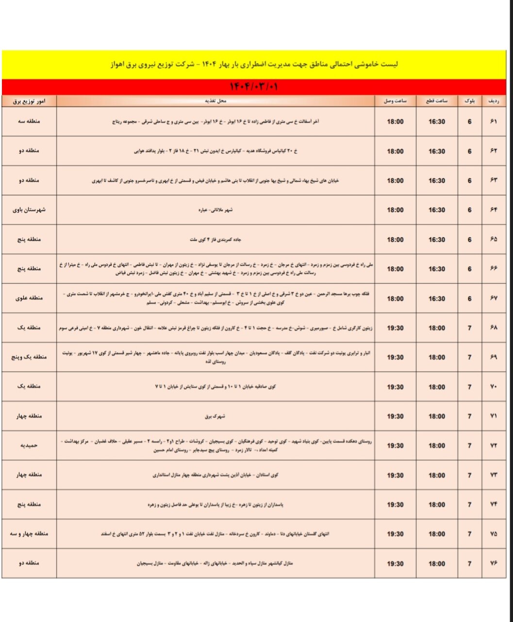 جدول خاموشی برق اهواز فردا پنجشنبه یکم خرداد