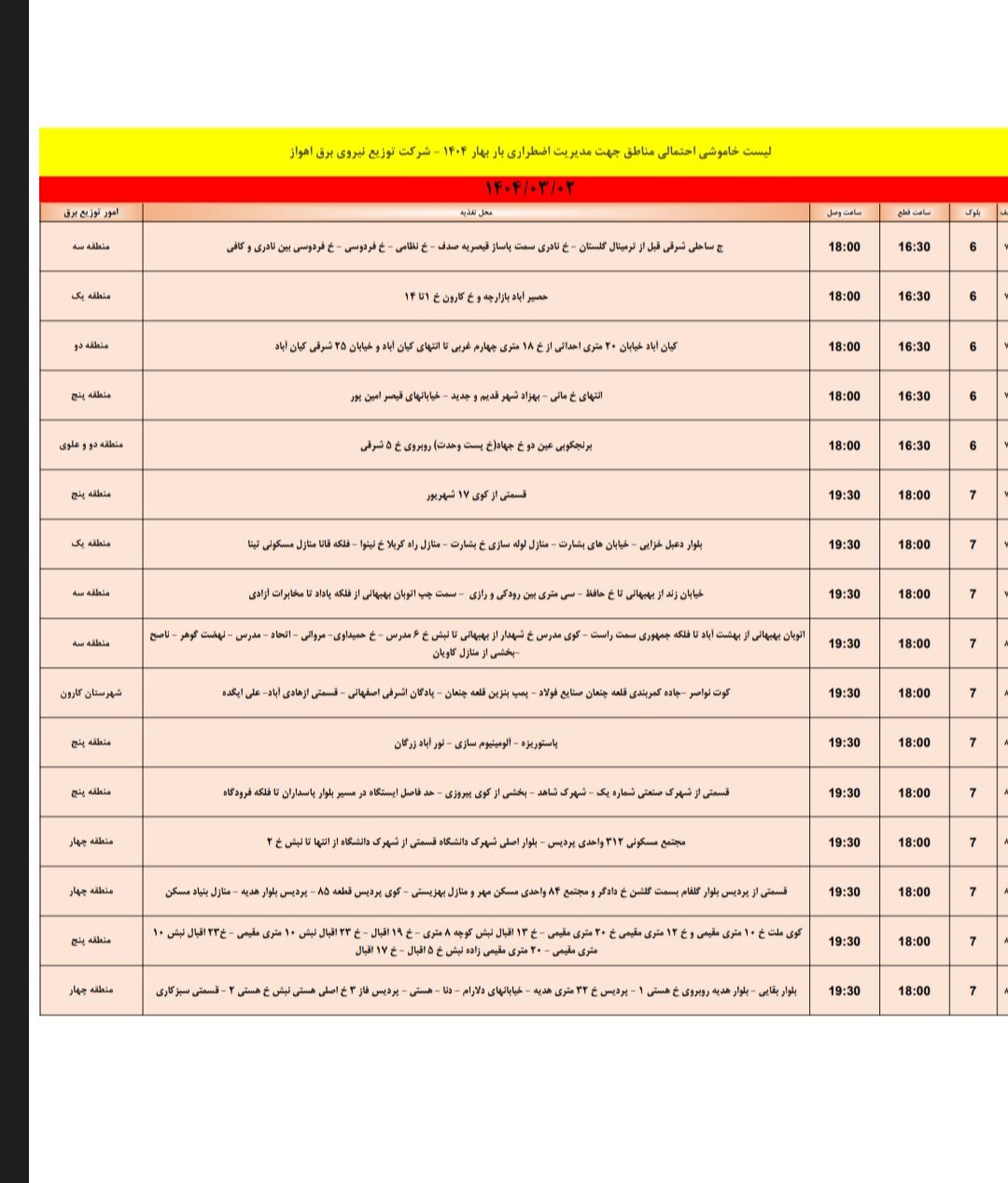 جدول خاموشی برق اهواز فردا جمعه دوم خرداد