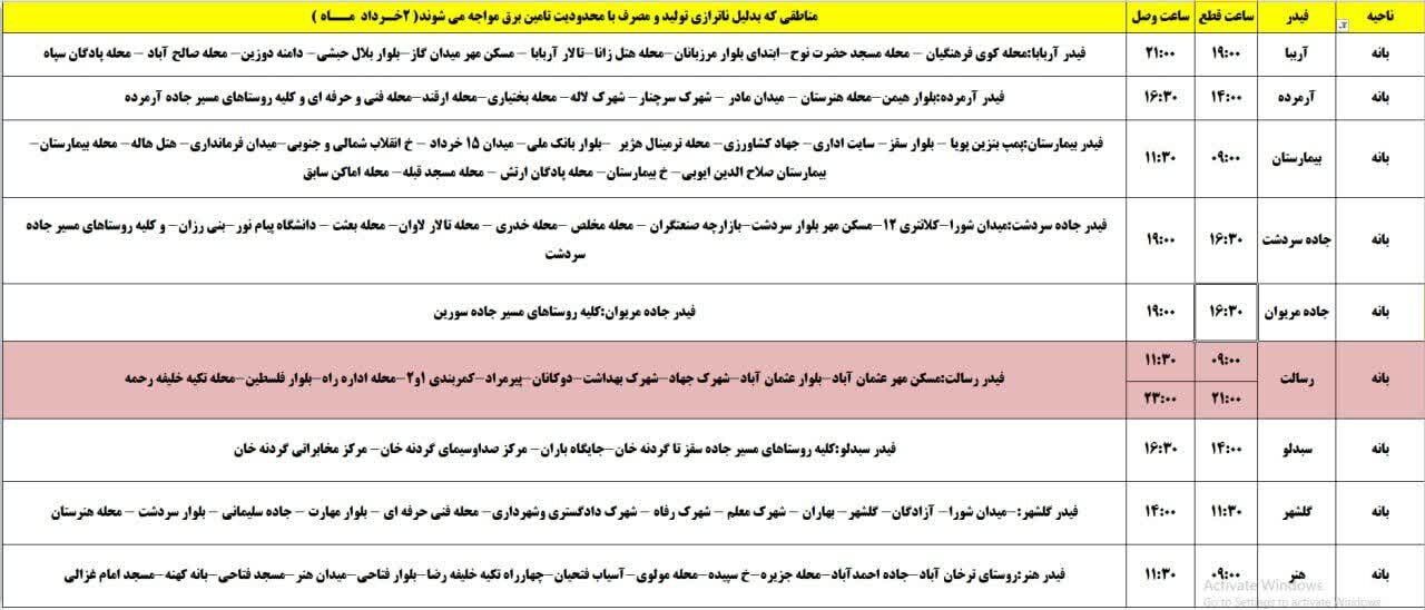 برنامه قطعی برق کردستان روز جمعه دوم خرداد + جدول