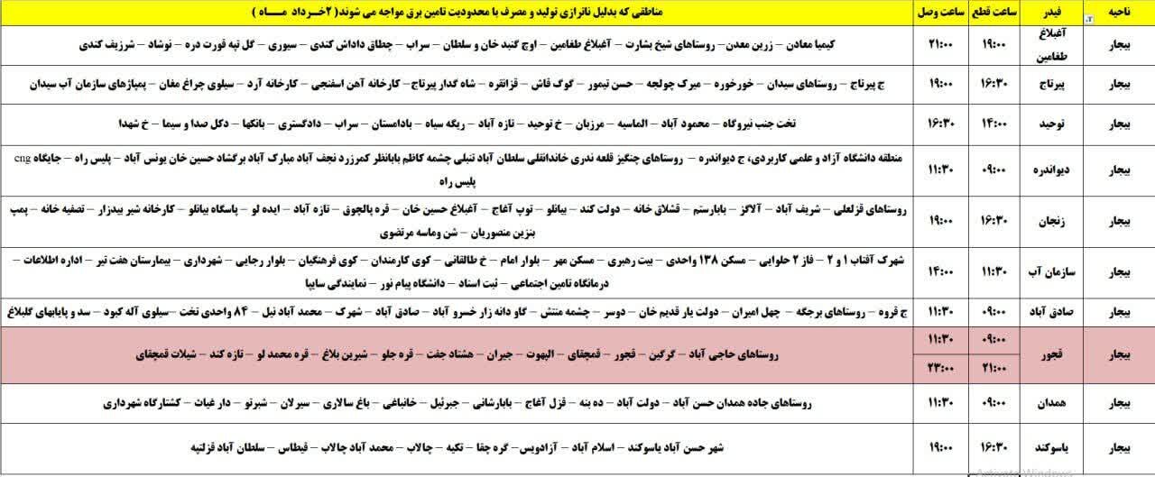 برنامه قطعی برق کردستان روز جمعه دوم خرداد + جدول