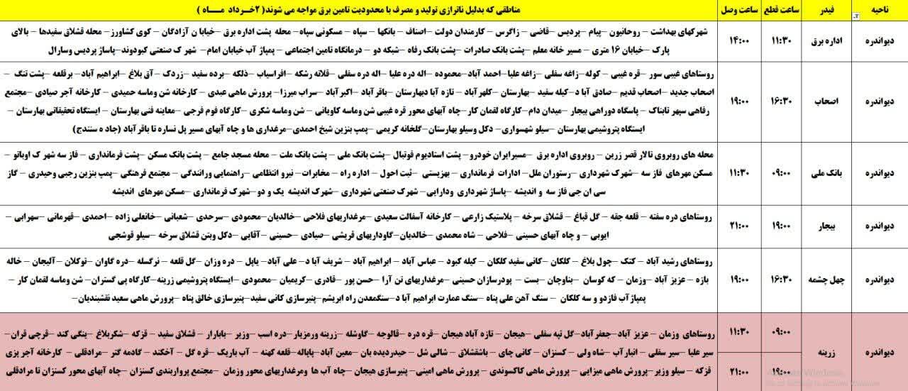برنامه قطعی برق کردستان روز جمعه دوم خرداد + جدول